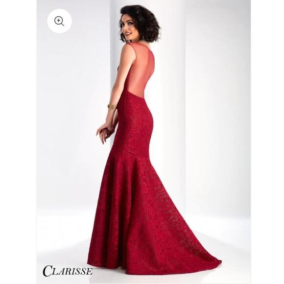 CLARISSE red formfitted Mermaid sweethaert with overlay sheer top prom dress 2 - Picture 4 of 12